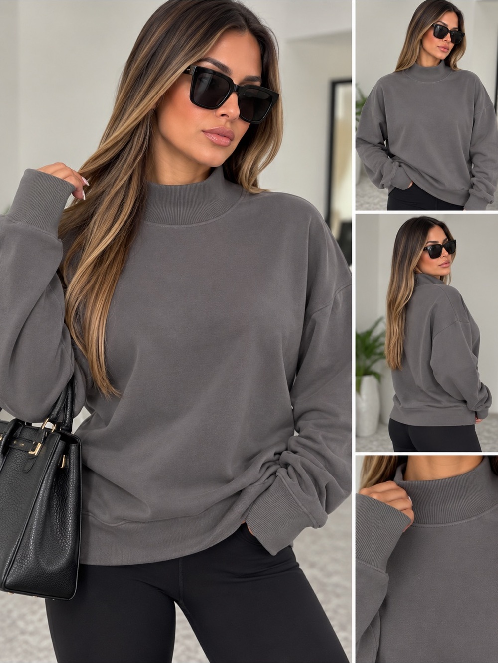 Classic Mock Neck Oversized Sweatshirt - Charcoal